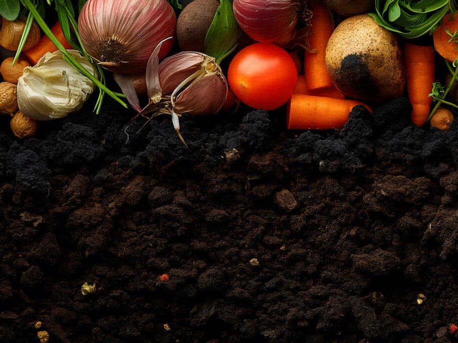 Das Bild zeigt in einem Querschnitt zu zwei Dritteln Erde im unteren Bildbereich und zu einem Drittel Obst und Gemüse im oberen Bereicht, welches auf der Erde liegt.