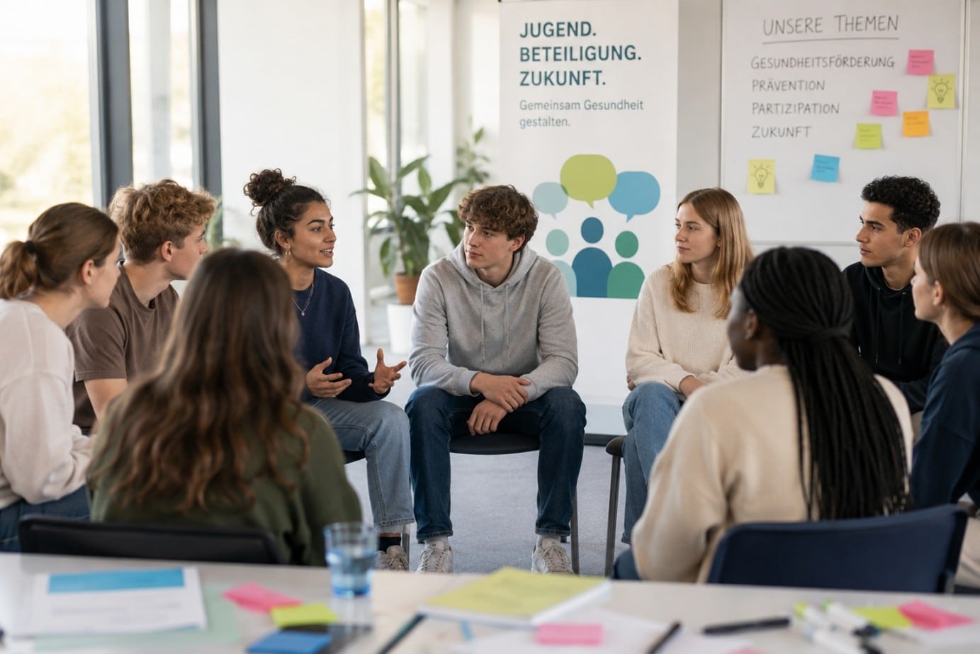 The picture shows a group of young people sitting in a circle of chairs, engrossed in a lively conversation. In the background are two signs reading "Youth. Participation. Future. Shaping Health Together" and "Our Topics: Health Promotion, Prevention, Participation, Future."