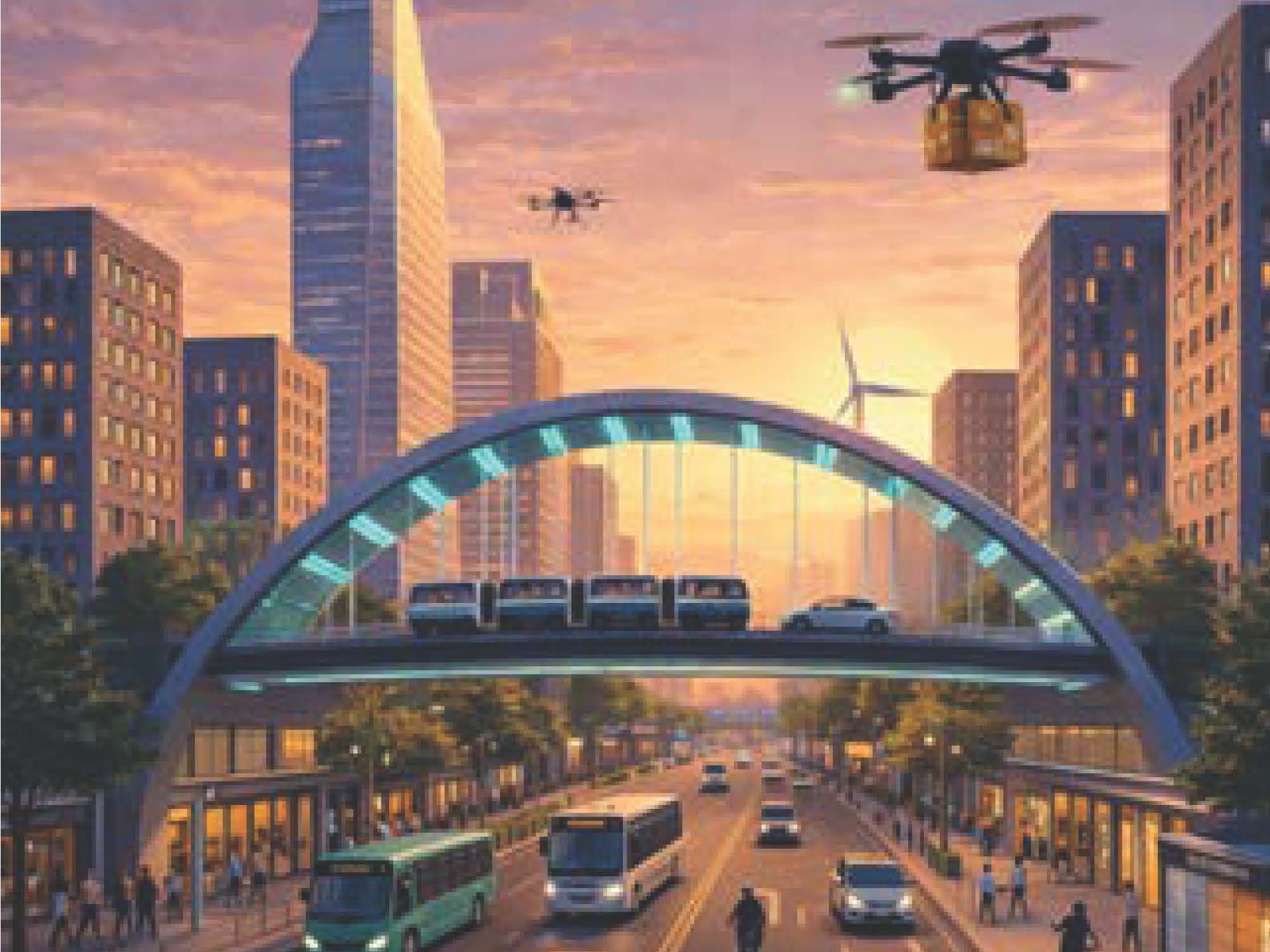 Das Bild zeigt eine futuristische Straße in einer Großstadt. Auf der Straße fahren Busse und Autos. Über die Straße führt eine Brücke über die eine Straßenbahn und ein weiteres Auto fährt im Hintergrund sieht man Hochhäuser und ein Windrad und in der Luft schweben zwei Lieferdrohnen mit Paketen.