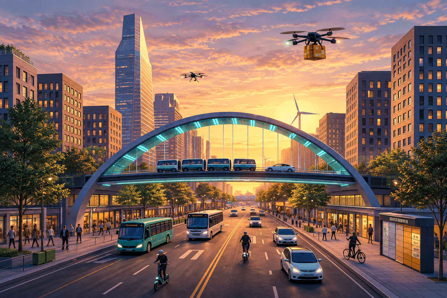 Das Bild zeigt eine futuristische Straße in einer Großstadt. Auf der Straße fahren Busse und Autos. Über die Straße führt eine Brücke über die eine Straßenbahn und ein weiteres Auto fährt im Hintergrund sieht man Hochhäuser und ein Windrad und in der Luft schweben zwei Lieferdrohnen mit Paketen.